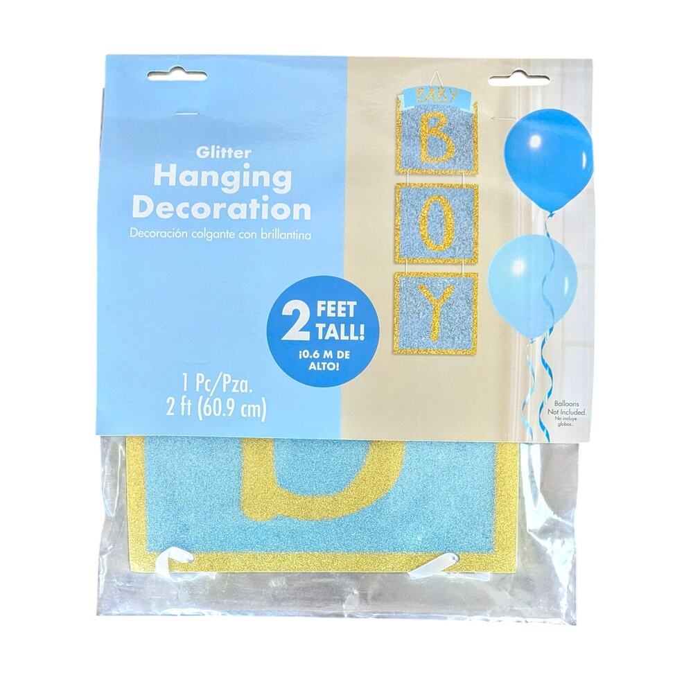 New Baby Boy 2 Feet Tall Blue & Gold Glitter Hanging Decorations | Baby Shower